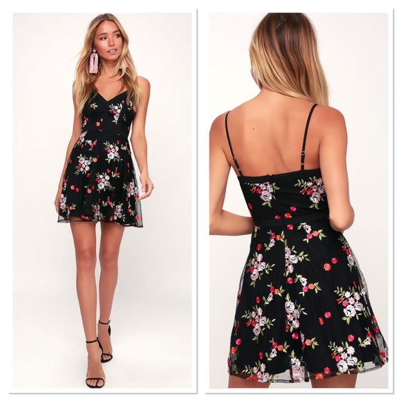 Lulus Dresses & Skirts - Lulu’s fleur Black Mesh floral embroidered dress